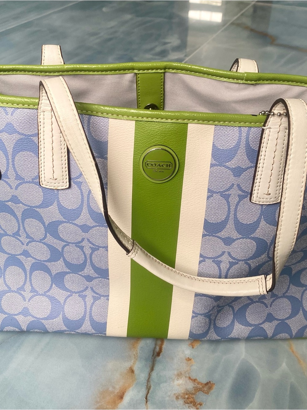 Coach Blue Signature Tote with Lime and White Stripes - Picture 3 of 5